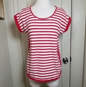 LIZ CLAIBORNE red white stripe short sleeve stretch cotton polyester blend top M